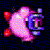 A pink, rounded character with red accents and a blue helmet-like device animates through five distinct poses against a dark background.