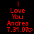Red pixelated text on black background reads 'I Love You Andrea 7.31.07' with heart and arrow symbols in different frames.