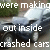 A static image of a dark-colored sedan with visible text overlays reading 'were making', 'out inside', and 'crashed cars' in white pixelated font.