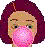 Pixelated image of a person with light brown skin, dark purple hair, and pink bubblegum in their mouth.
