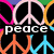 A static image of a repeating pattern featuring peace symbols in multiple colors with overlaid text reading "peace around the world" on a black background.