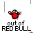A 6-frame animated contact sheet showing a red and white cartoon character in various poses above repeated text "out of RED BULL" on a gray background with vertical lines.