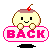 Pixelated character with cherry-topped dessert head holding pink 'BACK' sign, smiling expression, brown hands, gray background.