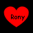 Four red heart shapes with black text 'Rony' inside each, arranged in a on a solid black background