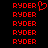 Red pixelated text 'RYDER' repeated in a with one instance accompanied by a red heart symbol on black background