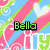 Pixelated green text 'Bella' appears over a blue, pink, and white striped background with heart motifs.