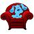 A pixelated buddy icon featuring a blue cartoon dog on a red armchair against white background, with green text 'Original Icons .com' on dark green background to the right.
