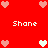 Red background with repeated light pink and white heart icons surrounding the word "Shane" in pixelated text.