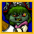 Animated pixel art contact sheet of a green-skinned cartoon character with red eyes and yellow teeth, wearing a pirate hat and pink scarf against a blue background, displaying sequential text changes from 'Y' to 'YARRR!' across six frames.
