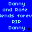 Blue background with repeated white pixelated text reading "Danny and Rafe" and "RIP", some instances of "Danny" have symbols like +, ✈️, or × next to them.