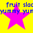 Yellow background with four pink stars and blue text reading "fruit slac" and "yummy" in pixelated font.