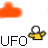 orange cloud shapes with yellow UFO icons and blue arrow symbols, some showing red and green pixelated effects