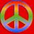 A circular peace symbol with a rainbow gradient border on a solid red background, rendered in pixelated style.