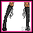 A 4-frame pixel art contact sheet showing a stylized female character in various poses with pink, black, and brown color scheme.