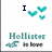 A pixelated image with changing text and heart symbols, featuring 'Hollister' branding elements.