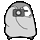 Pixelated character with rounded body and large eyes, alternating between gray and white color states