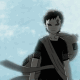 Animated sequence of a character with short dark hair and a black shirt, wearing a gray sash, against a light blue background with subtle texture.