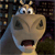 Pixelated cartoon giraffe with large eyes and open mouth, standing against dark background with blurred lights.