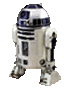 A white and blue droid with a domed head, black accents, and metallic feet stands against a gray background.