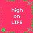 A static pixel art image with a bright pink background, green dashed borders, and four identical text blocks reading 'high on LIFE' in white.