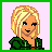 Pixelated icon of a person with blonde hair, blue eyes, and green clothing against light pink background bordered by bright green frame.
