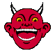Red devil face with yellow eyes, white horns, and wide open mouth showing teeth against gray background.