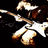 A 48x48 pixel animated contact sheet showing two frames of a stick figure playing electric guitar against black background with gray transparency grid.