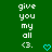 Green background with white pixelated text 'give you my all <3.' and a cyan heart symbol, showing two states where the heart alternates between cyan and white.