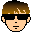 Pixel art head with brown hair, black sunglasses, and three distinct mouth expressions on a gray background.