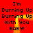 Red background with black text repeating 'I'm Burning Up Burning Up With You BABY!' and a yellow-orange flame animation in the center.