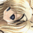 Pixelated cartoon face with light skin, dark blue eyes, and black eyebrows against a beige background.