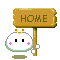 A 4-frame animated contact sheet showing a pixel-art character with pink blush marks holding a wooden sign that reads "HOME" in green text, displayed on a gray background.