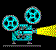 Pixelated film projector with cyan reels and yellow light beam, two views showing reel rotation animation on black background.