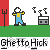 Pixel art animation of a character in blue overalls and yellow shirt performing actions across three with repeated text "GhettoHick" below each