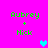 Green text 'Aubrey + Nick' on bright pink background with a single cyan heart symbol.