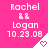 A pink background displays three identical with text and a heart symbol, each showing 'Rachel && Logan 10.29.08' in white pixelated font