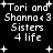 Black background with white pixelated text and plus symbols arranged in a pattern, displaying 'Tori and Shanna <3 Sisters 4 life' with slight variations in text alignment and plus symbol placement across repeated sections