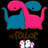 Two pixelated dinosaur figures in pink and blue, one with 'RAW' text below, on a black background with a colorful pixelated base.