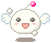 Pixelated white angel character with pink cheeks, black eyes, and open mouth smiling; small wings, floating above brown shadow on gray background.