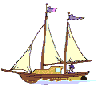A pixelated sailing ship with two masts, white sails, brown hull, and purple flags, shown in multiple animated states with wave effects.