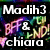 A static image with four distinct text sections: 'Madih3', 'PFF & LNDI chiara', 'r bffl's', and 'we rock!' over a pixelated background.
