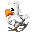 A 4-frame animated contact sheet of a pixelated white bird with an orange beak and brown feet in various running poses on a gray background.