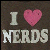 Animated contact sheet of a pixel art icon showing "I ❤️ NERDS" with heart color changing across frames on dark brown background.