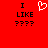 Red background with black text "I LIKE ????" on both sides and a white pixelated heart symbol in the center.