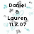 Pixelated image with black text reading 'Daniel & Lauren 11.2.07' surrounded by light blue and gray pixel clusters on white background.