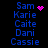 Blue pixelated text list of names with a pink heart and animated pink dots on black background.