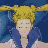 Pixelated anime-style character with blonde hair in twin buns, blue outfit, and white collar against a blue background.