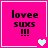 Four identical pink square with white borders display 'lovee suxs !!!' text and heart symbols, each showing a different heart animation state