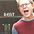 Pixelated image of a person with light hair wearing a red shirt, standing next to text reading RENT on dark background.