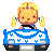 Pixel art of a blonde doll with pigtails driving a blue and white vehicle, showing two sequential poses where the doll's arms shift from raised to lowered.